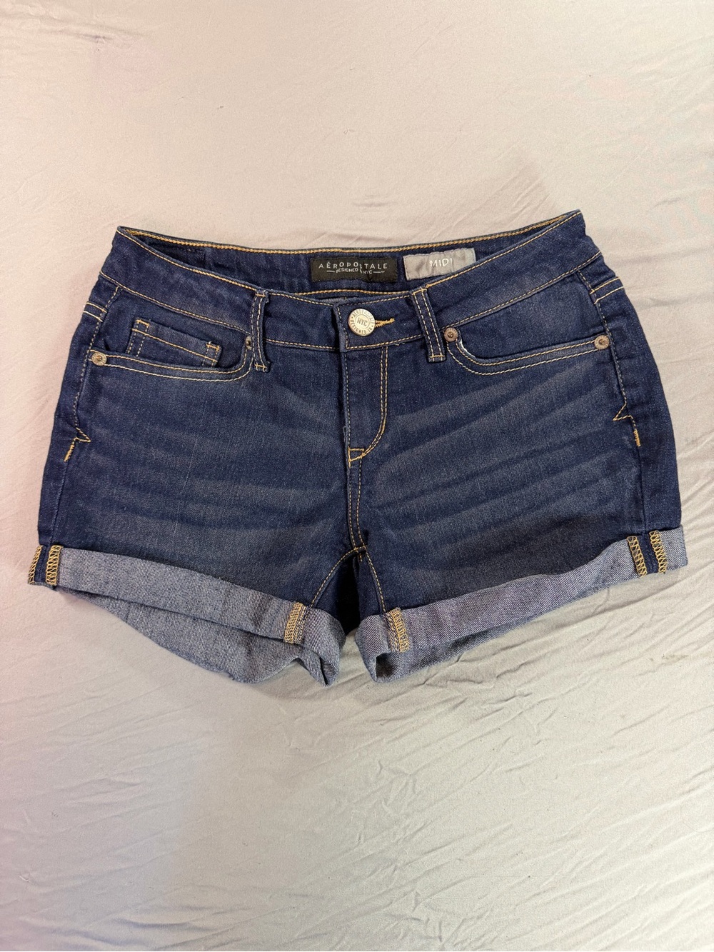 Aeropostale Midi Women's Dark Wash Cuffed Denim Shorts Stretch Pockets Size 0